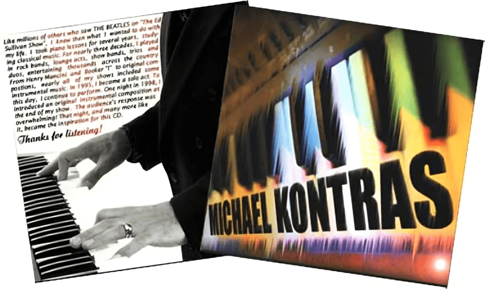 Hands playing piano, text about Michael Kontras.